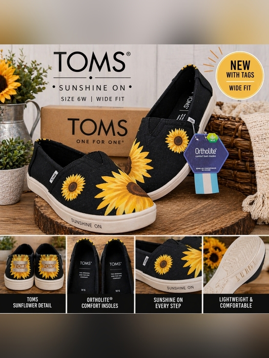 Toms Shoes - TOMS Sunshine On Sunflower Slip-On Sneakers NWT 6W Wide Black Floral Comfort